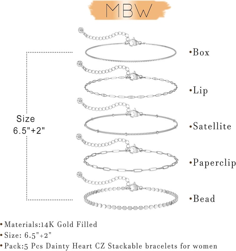 MBW Silver Plated Bracelets for Women, Dainty Silver Bracelets for Women Set Bracelet Stack Waterproof Jewelry for Women Trendy Minimalist Simple Small Thin Bracelet Set for Women Teen Gift - Image 3